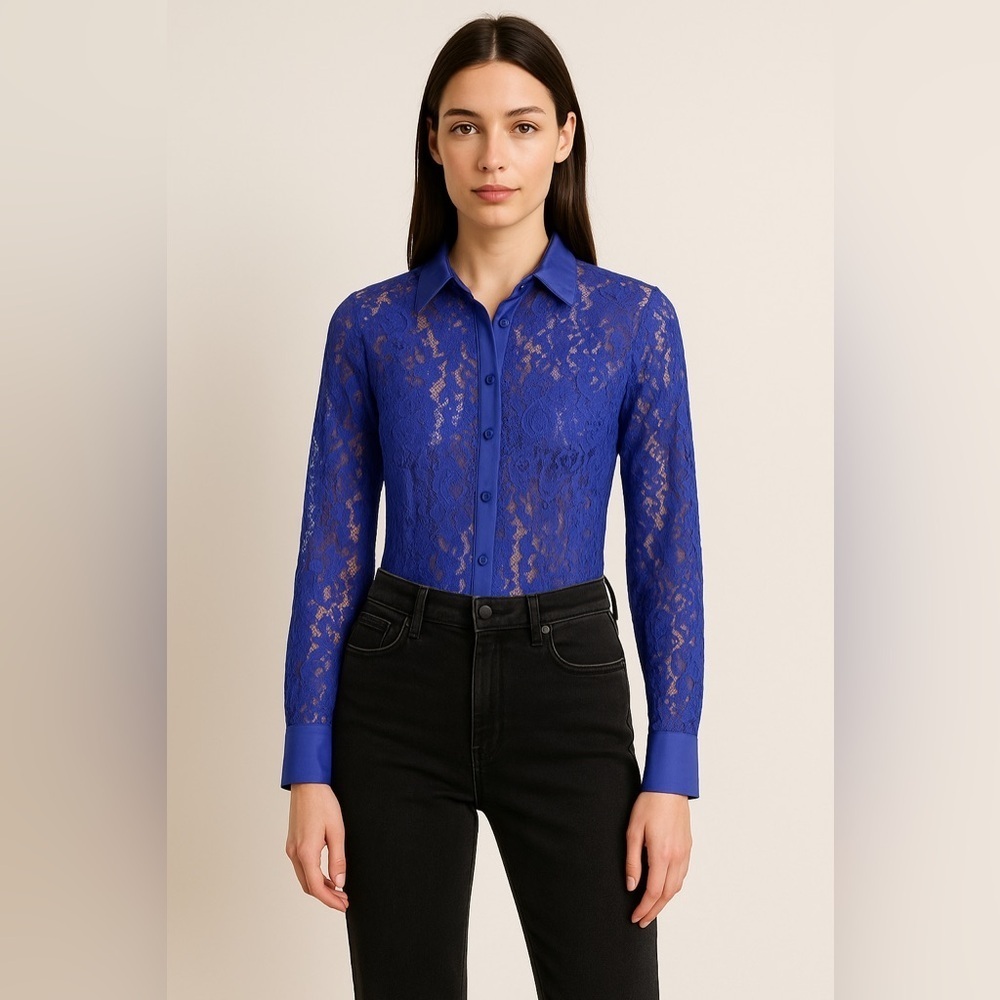 Anthropologie Sapphire Blue Lace Button-Front Bodysuit – Sz S (NWT)